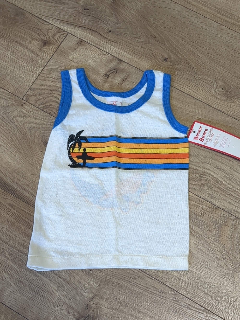 Vtg 80s BUSTER BROWN ORANGE Blue STRIPE SLEEVELESS  t-shirt kids 3T
